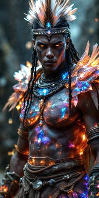 The primary subject of the image is a man with a unique and colorful appearance. He is wearing a costume with a mix of blue, orange, and yellow colors, and his skin is adorned with a pattern of blue and orange lights. The setting appears to be a dark environment, possibly a nighttime scene. The visual style of the image is a combination of digital art and illustration, creating a striking and eye-catching appearance. The overall atmosphere of the image is vibrant and captivating, with the